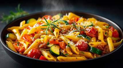 Hot penne pasta with zucchini, cherry tomatoes, bell peppers, and herbs, garnished with parmesan and fresh rosemary.