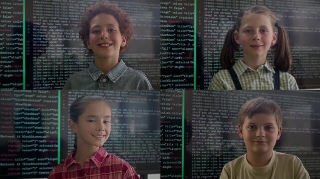 Split screen of four happy youthful schoolkids in casual attire looking at camera in classroom while standing by interactive board with programming language