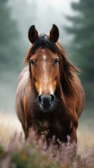 Obraz premium Horse standing proudly in a misty meadow surrounded by trees during early morning light