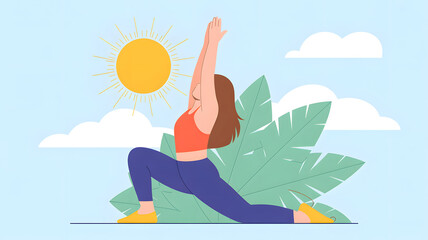 Woman Doing Yoga Pose Outdoors, Summer Wellness, Fitness, Healthy Lifestyle, Exercise, Sunlight, Tropical Leaves, Vector Illustration