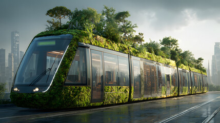 futuristic tram with plants and moss growing on the roof in eco city