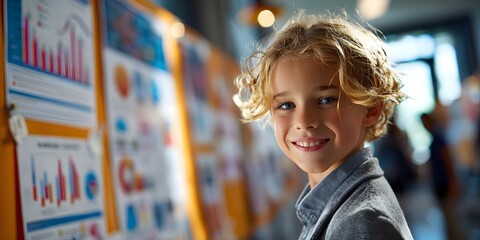Smiling Student Presenting Science Project at School Fair perfect for STEM showcase visuals, student achievement campaigns, academic event flyers, and science fair promotional materials
