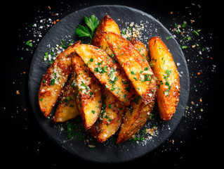 Crispy oven-roasted potato wedges topped with parmesan cheese, garlic, and parsley, served on a dark slate background.