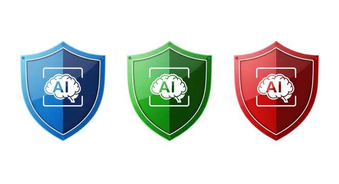 Blue, green, red shield icons display AI brain logo. Use it for branding, technology visuals, UI design.