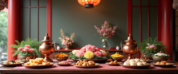 Ancestral Offering Table with Incense Burners and Floral Wreaths for Obon Festival - Traditional Delicacies Against Temple Backdrop