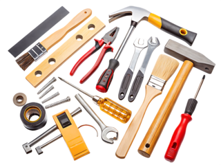 Assortment of various tools for home repair and construction isolated on a transparent background