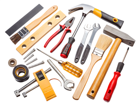 Assortment of various tools for home repair and construction isolated on a transparent background