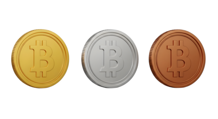 Gold, silver, bronze bitcoin coins shine. Metal texture depicts crypto investment. Use for finance product staging, technology branding, social media, and video backgrounds.