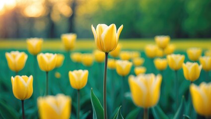 A field of yellow tulips in bloom during daytime, with one prominent tulip in the center. Nature and floral scenery. Springtime and blooming flowers. Bright and vibrant outdoor scene.