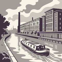Monochrome Illustration of a Canal Boat Passing Industrial Buildings