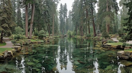 Serene Reflections in Tranquil Forest Lake Surrounded by Trees