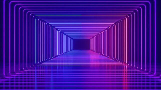 3d render abstract neon background with glowing square tunnel portal in dark room, colorful ultraviolet retro wave vector illustration design for futuristic product display and modern digital wallpape