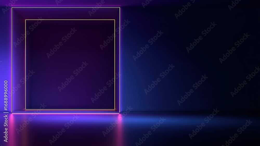 Poster 3d render abstract neon background with glowing square tunnel portal in dark room, colorful ultravio