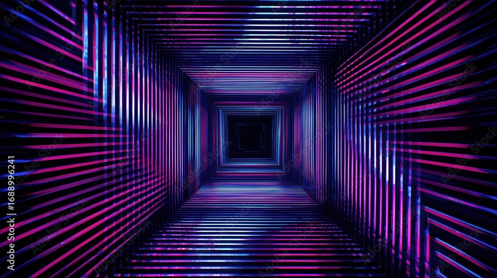 Poster 3d render abstract neon background with glowing square tunnel portal in dark room, colorful ultravio