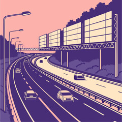 Pixel Art Highway Sunset Scene with Purple and Pink Hues