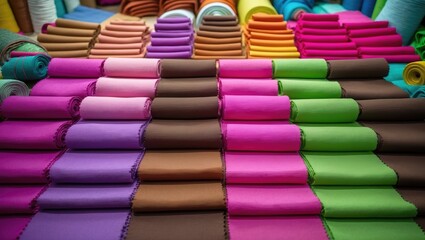 Obraz premium Colorful rolled fabrics arranged in orderly rows.