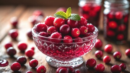 Fresh cranberries in a glass bowl with mint, with scattered cranberries and jars in the background.