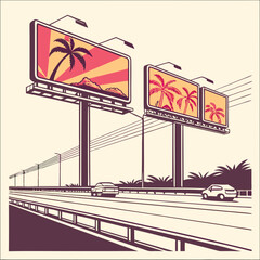 Retro Palm Tree Billboard Highway Illustration