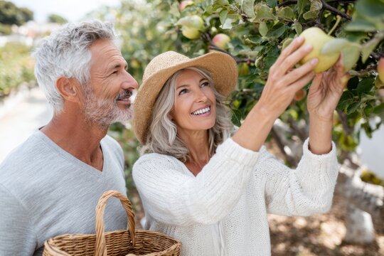 Happy mature couple harvesting apples from a tree in a sunny orchard. The woman reaches for a green apple while the man holds a basket, both smiling and enjoying the moment outdoors