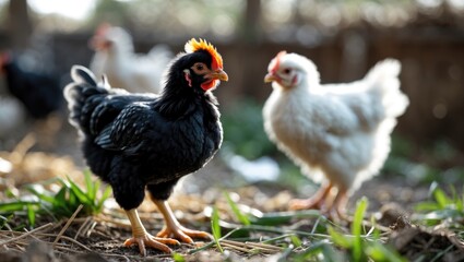 Colorful domestic chickens on farm with grass and soil, close-up shot. Poultry and farming, rural life, household animals. The scene of poultry husbandry and natural environment.