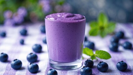 A purple blueberry smoothie in a glass surrounded by fresh blueberries and mint leaves on a purple checkered cloth.