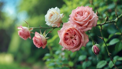 Obraz premium Pink and white roses on a stem with green foliage in the background.