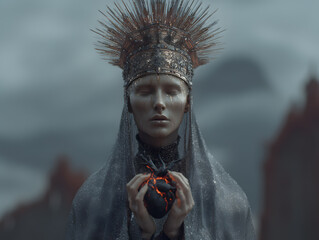 A photorealistic fantasy artwork of a dark queen in ceremonial robes, wearing regal adornments and holding a symbolic stone heart.