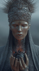 A photorealistic fantasy artwork of a dark queen in ceremonial robes, wearing regal adornments and holding a symbolic stone heart.