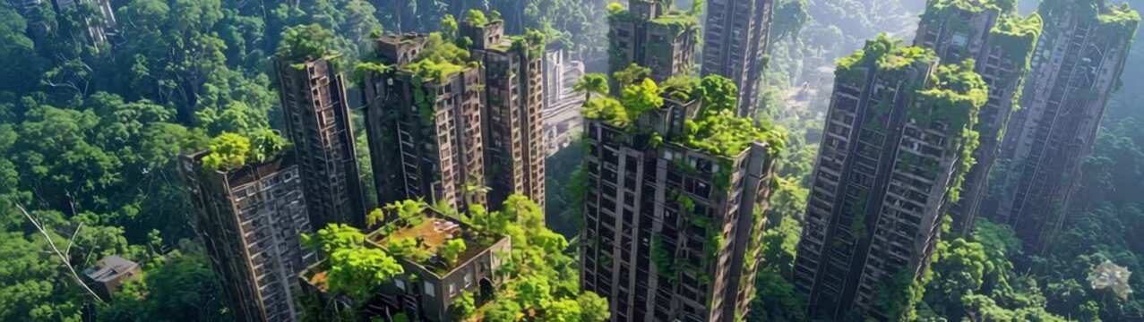 Lush vegetation reclaiming abandoned city buildings, concept of apocalyptic future.