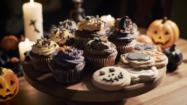 A delicious assortment of spooky Halloween cupcakes and decorated sugar cookies on a wooden stand, surrounded by lit candles and pumpkins