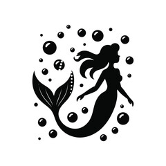 Mermaid Silhouette Illustration with Bubbles in Black and White Vector Design