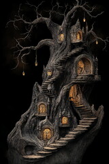 Fantasy treehouse with stairs and glowing lanterns