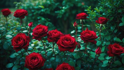 Bright red roses in a lush green garden. Beautiful floral display with blooming roses and foliage. Nature scene with vibrant flowers and greenery.