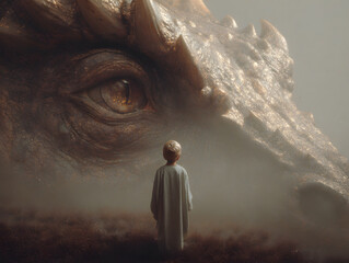 A photorealistic fantasy artwork of a small child standing beside a giant dragon, symbolizing innocence, power, and mythical wonder.