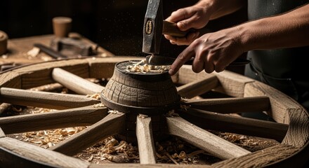 Skilled Artisan Crafting a Traditional Wooden Wheel.