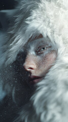 A photorealistic fantasy portrait of a human morphed from a snow fox, blending animal elegance with mystical transformation.