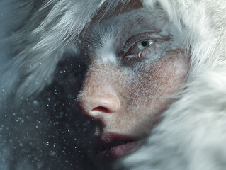 A photorealistic fantasy portrait of a human morphed from a snow fox, blending animal elegance with mystical transformation.