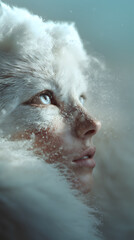 A photorealistic fantasy portrait of a human morphed from a snow fox, blending animal elegance with mystical transformation.