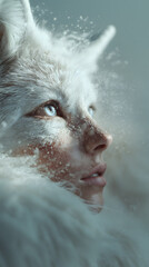 A photorealistic fantasy portrait of a human morphed from a snow fox, blending animal elegance with mystical transformation.