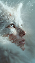 A photorealistic fantasy portrait of a human morphed from a snow fox, blending animal elegance with mystical transformation.