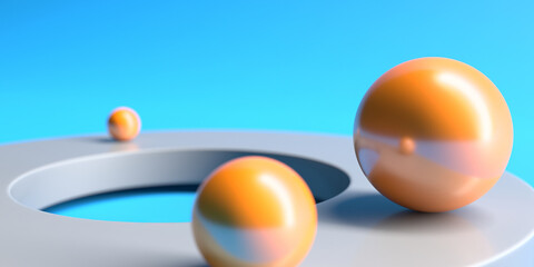 Abstract modern design featuring spheres on circular shapes with sky blue background. 3d render