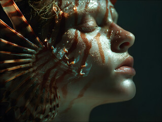 An ultra-photorealistic cinematic fantasy portrait of a woman morphed from a lionfish, blending marine elegance with surreal transformation.