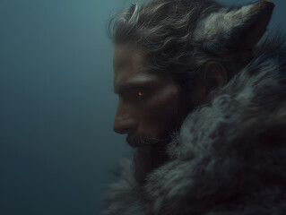 A photorealistic fantasy portrait of a human morphed from a wolf, symbolizing primal strength, mystery, and transformation.