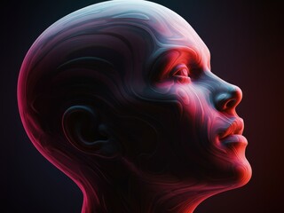 A stylized, glowing human head in profile with swirling organic textures, bathed in neon pink and blue light against a dark background.