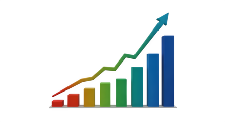 Glossy colorful bar graph with arrow on black shows progress. Use for financial branding, presentation template, or video background.