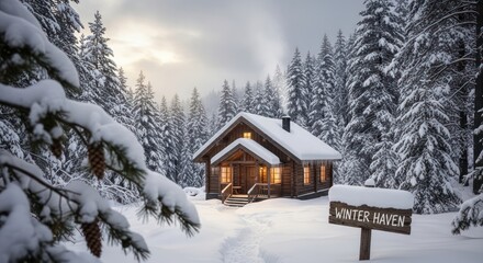 Snowy Winter Cabin in Forest.