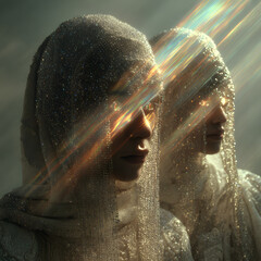 An ultra-photorealistic cinematic fantasy artwork of elves and priests standing together, radiating mystical power and ethereal presence.