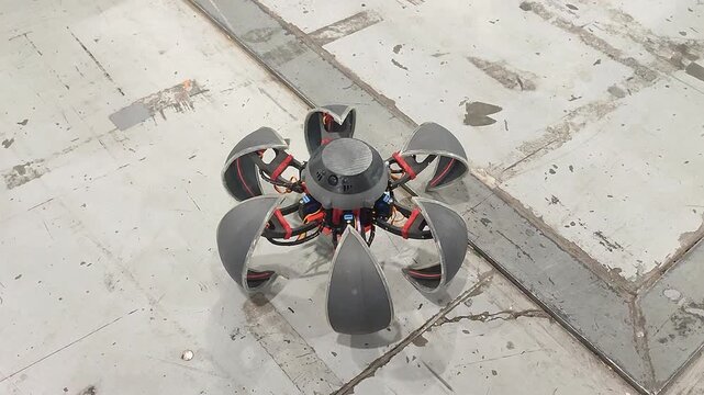 Moving small robot on remote control. Radio controlled robot. Small robot folds into ball and moves on blades. Technology engineering. Industry new robotics. Smart technologies. Robotized innovative