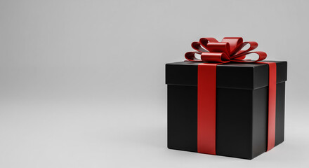 Obraz premium Black gift box, red ribbon, white background, Black Friday