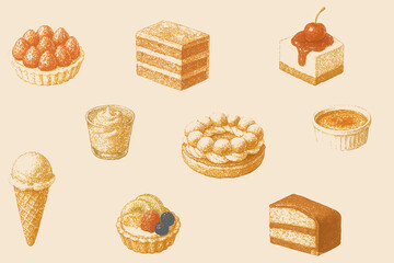 Seamless Stipple Dotwork Dessert Pattern (Caramel Multicolor on Cream)